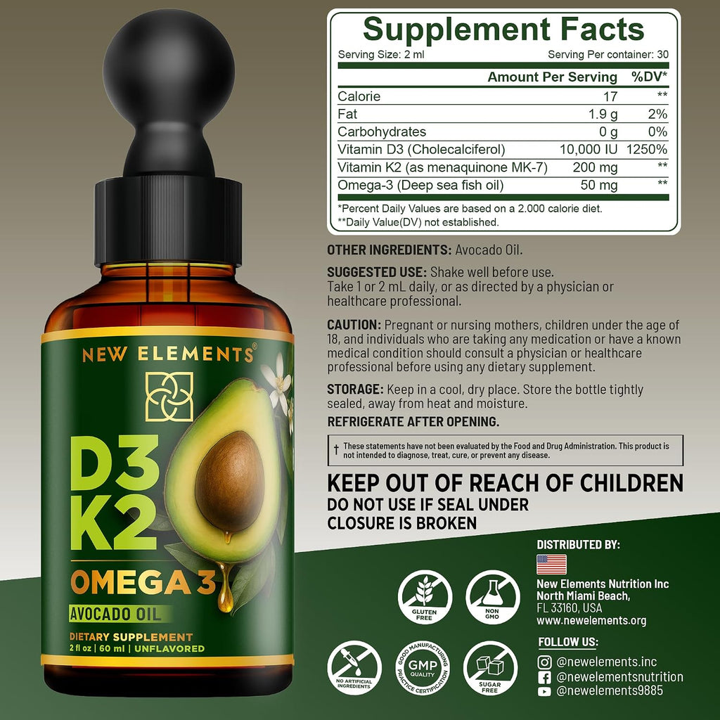 New Elements Liquid Vitamin D3 + K2 Drops 10,000 IU with Omega-3 – Alta Absorción | Base de Aceite de Aguacate Puro | No Transgénico – 60 ml