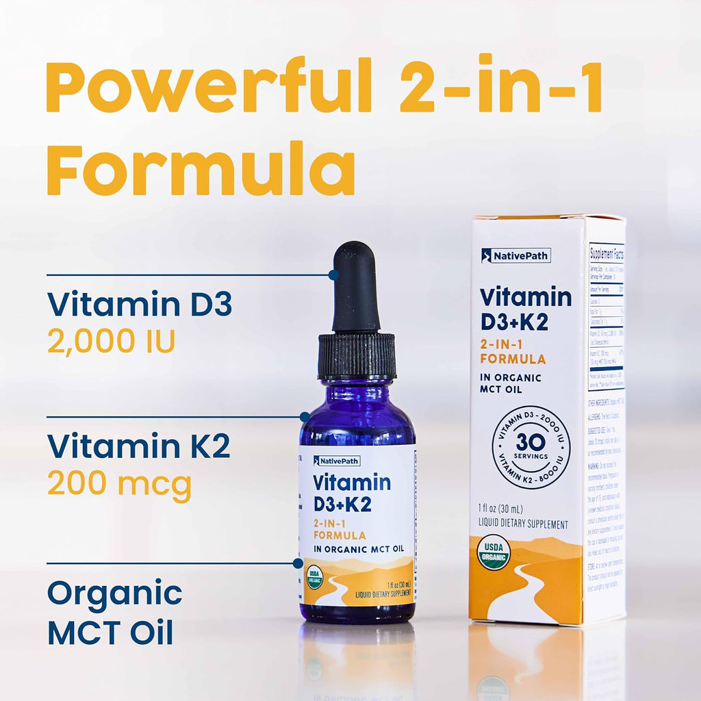 NativePath D3K2 Tincture – Vitamina D3 y K2 con Aceite MCT Orgánico – 30 dosis