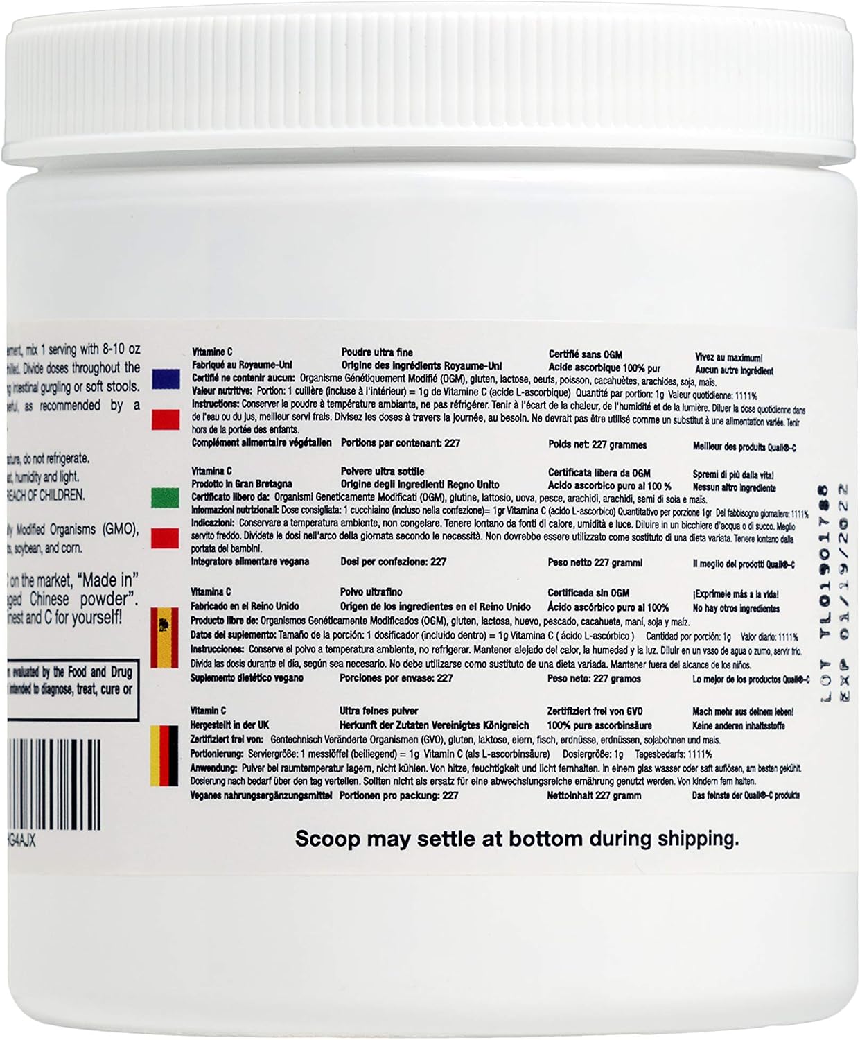 Vitamina C en Polvo Ultra Fina, No GMO, GMO Free Vitamins - Ácido L-Ascórbico Quali-C de Alta Pureza, Máxima Biodisponibilidad, Vegano (227 g)