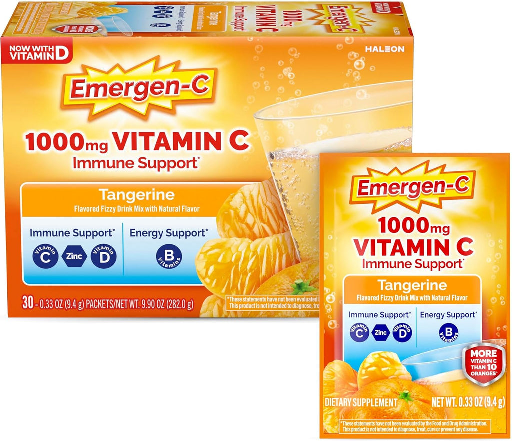 Emergen-C 1000mg Vitamina C en Polvo Sabor Mandarina 30 Sobres - Apoyo Inmunológico con Zinc, Manganeso, 7 Vitaminas B y Electrolitos