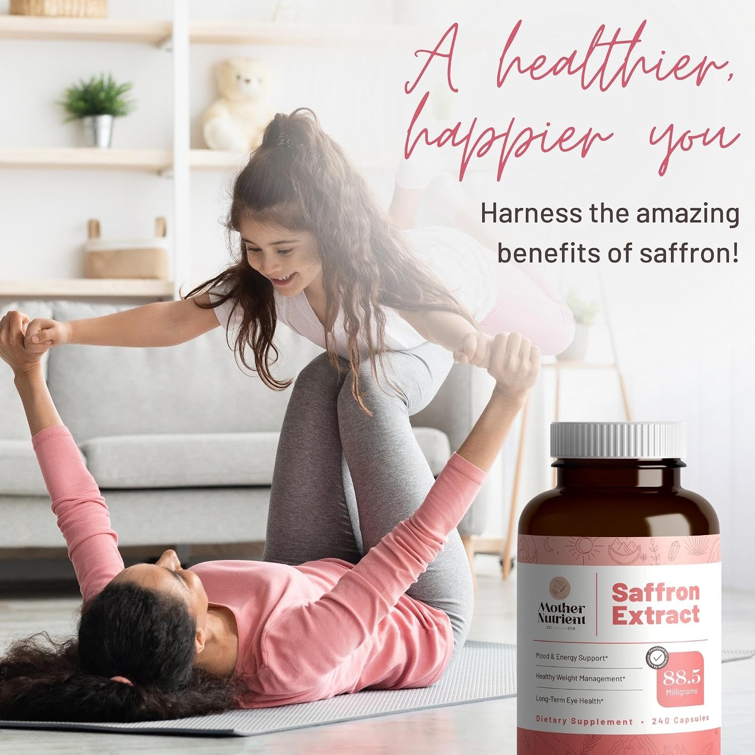 Suplemento de Extracto de Azafrán Puro Mother Nutrient, 88.5 mg por Cápsula, 240 Cápsulas Veganas, 7 Meses de Suministro