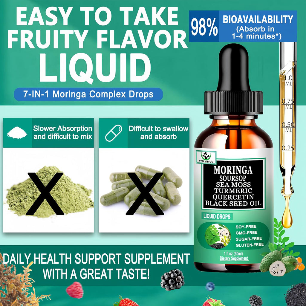 Moringa Drops – Extracto Líquido Puro de Moringa Oleifera con Soursop, Sea Moss, Aceite de Semilla Negra, Quercetina y Cúrcuma | Suplemento Superfood Multimineral y Vitaminas