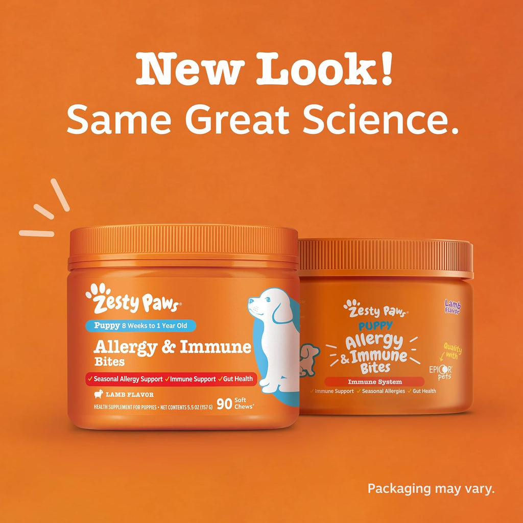 Zesty Paws Puppy Allergy Immune Bites - Masticables para alergias caninas, probióticos para picor de piel y oídos, sabor cordero, 90 unidades
