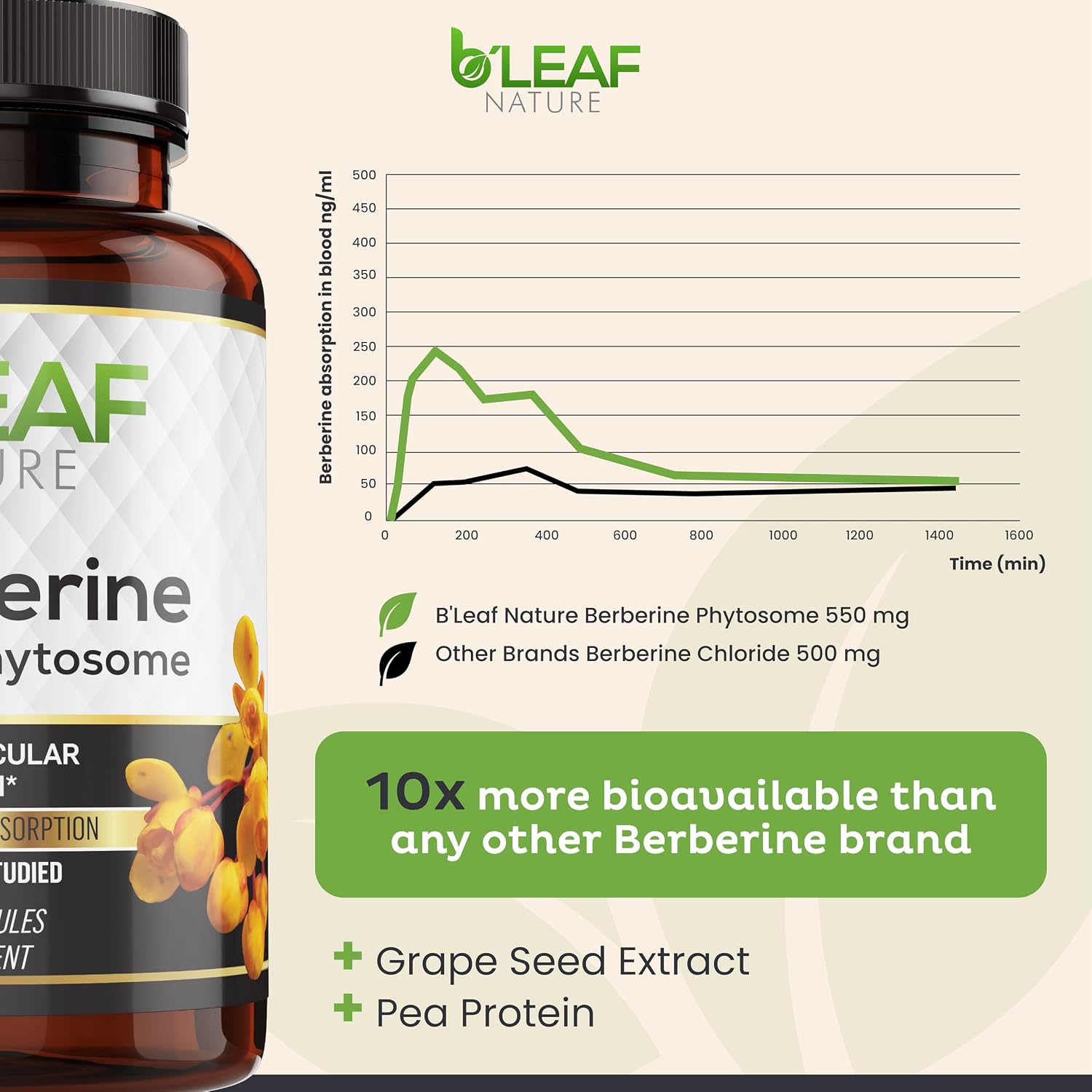 B’Leaf Nature Berberina Phytosome, 120 Cápsulas – 1100 mg de Berberina para el Apoyo Metabólico y Cardiovascular – Vegano, Sin Gluten, No-GMO