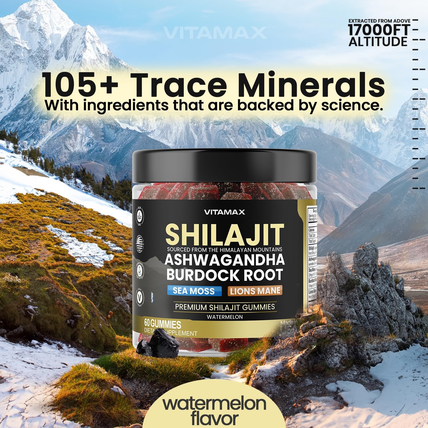Pure Shilajit Gummies con Sea Moss, Ashwagandha y Minerales - Sabor Sandía - 60 Gomitas
