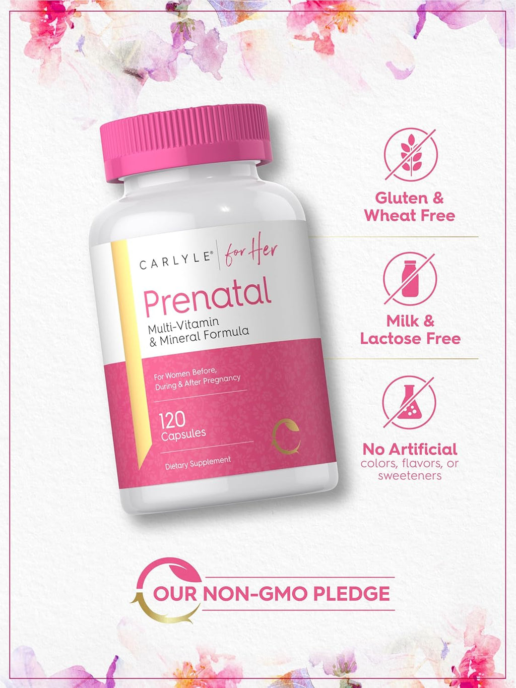 Carlyle Vitaminas Prenatales para Mujeres | 120 Cápsulas | Fórmula Multivitamínica y Mineral con Ácido Fólico | Sin Gluten y No Transgénico