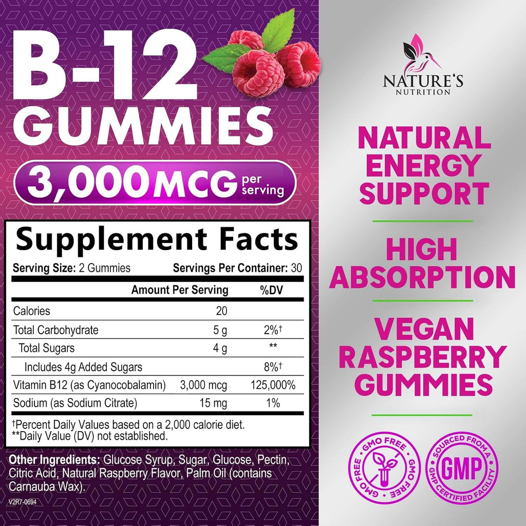 Gominolas de Vitamina B12 3000 mcg - Extra Fuerza, Sabor a Bayas, 60 Unidades