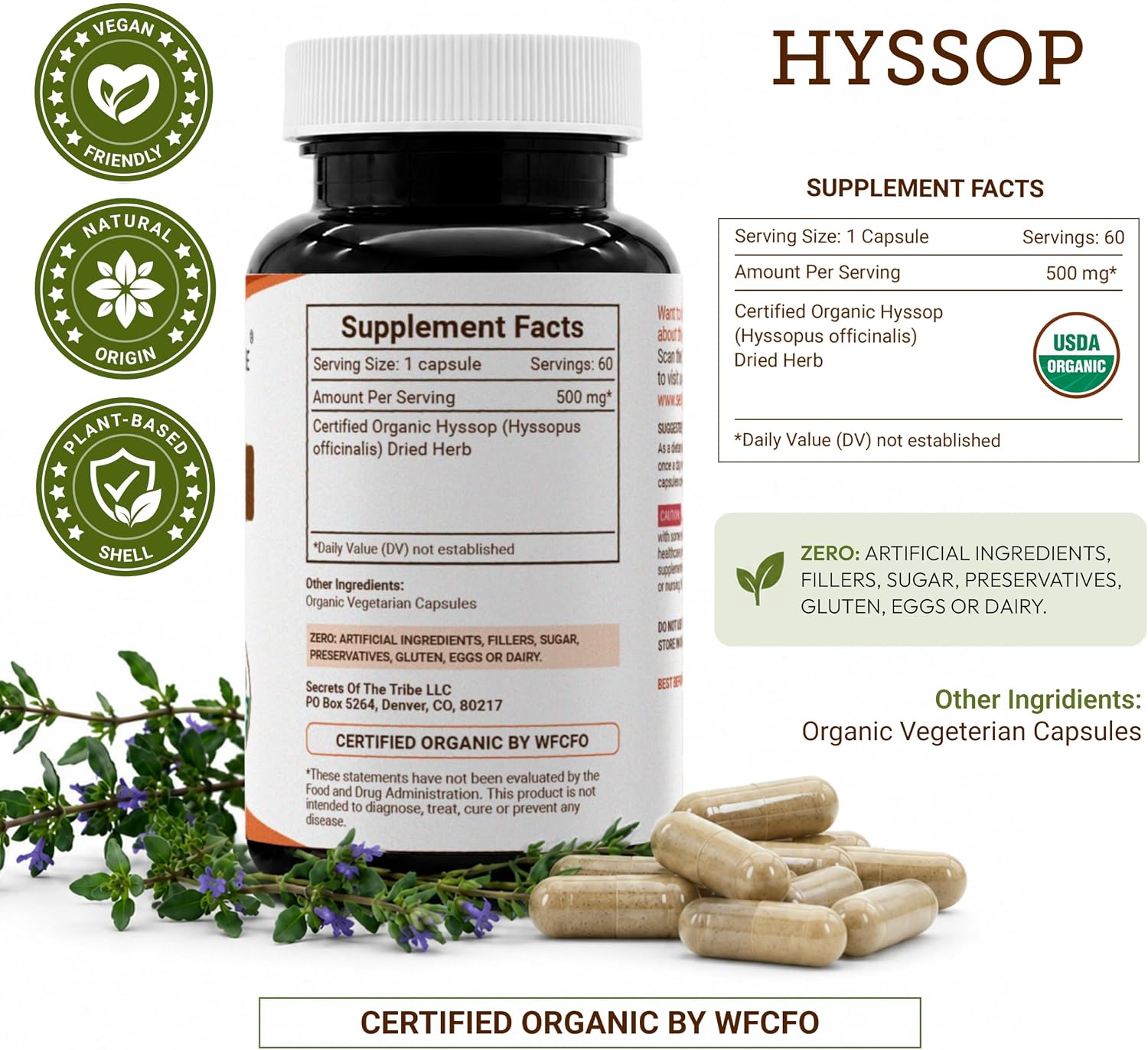 Secrets of the Tribe Hisopo Orgánico 500 mg - 60 Cápsulas Vegetales