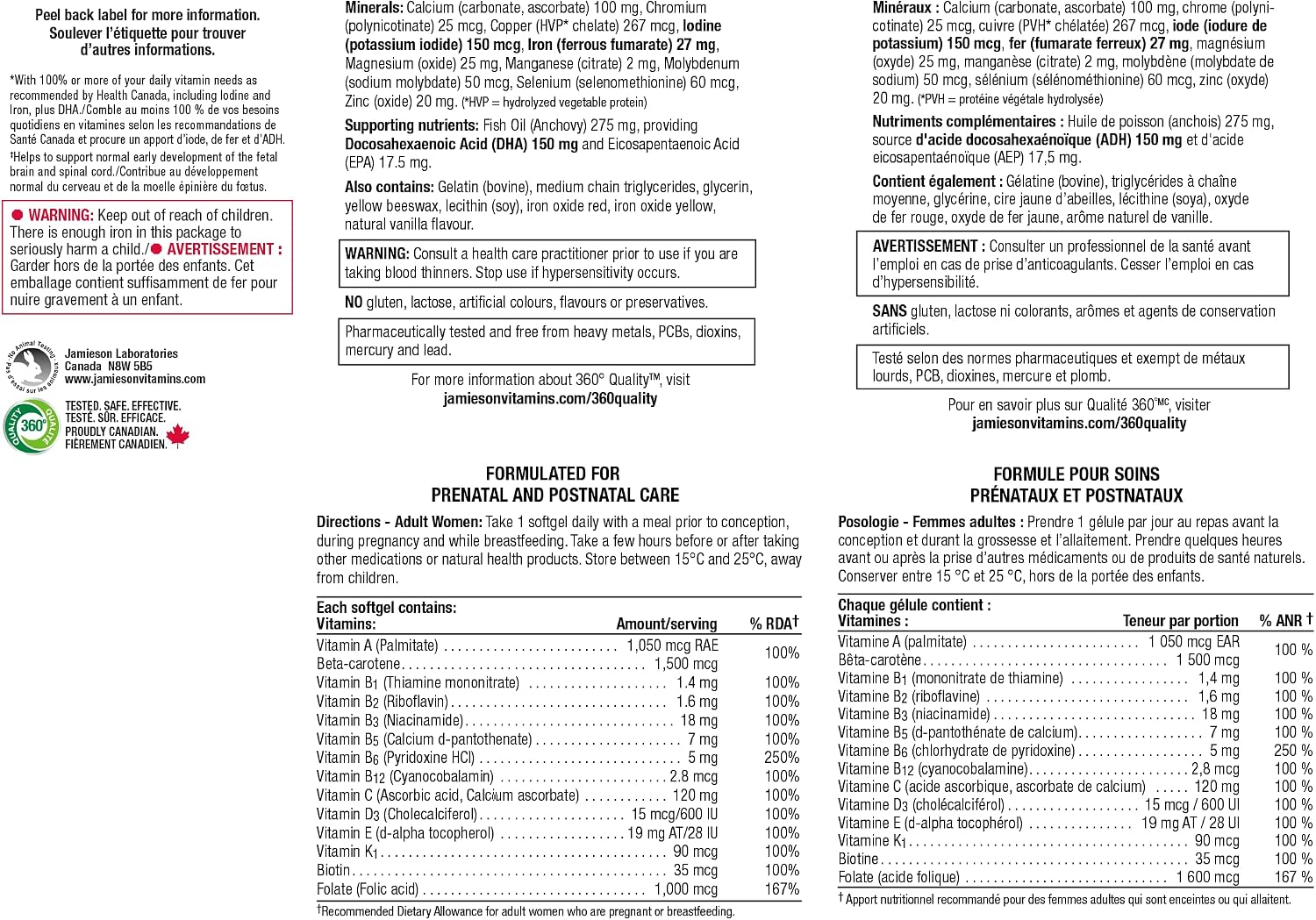 Jamieson PRENATAL Complejo multivitamínico con DHA - 60 Cápsulas blandas