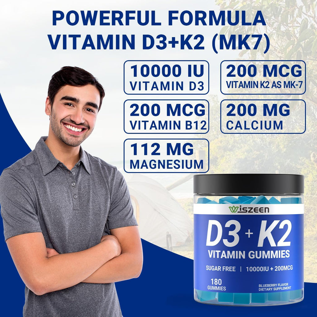 Wiszeen Gominolas de Vitamina D3 y K2 Sin Azúcar - 10000 UI D3 + 200 mcg K2 MK-7 con Calcio, Magnesio y B12