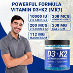 Wiszeen Gominolas de Vitamina D3 y K2 Sin Azúcar - 10000 UI D3 + 200 mcg K2 MK-7 con Calcio, Magnesio y B12