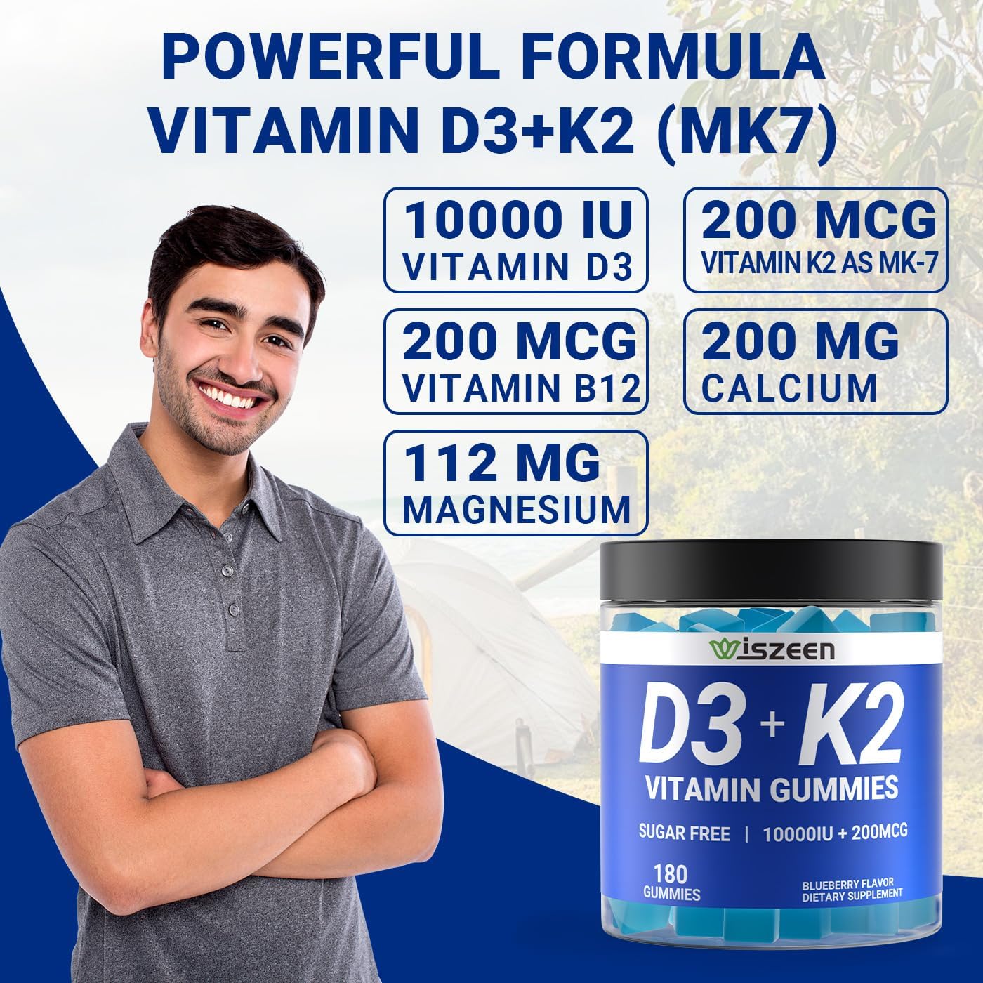 Wiszeen Gominolas de Vitamina D3 y K2 Sin Azúcar - 10000 UI D3 + 200 mcg K2 MK-7 con Calcio, Magnesio y B12