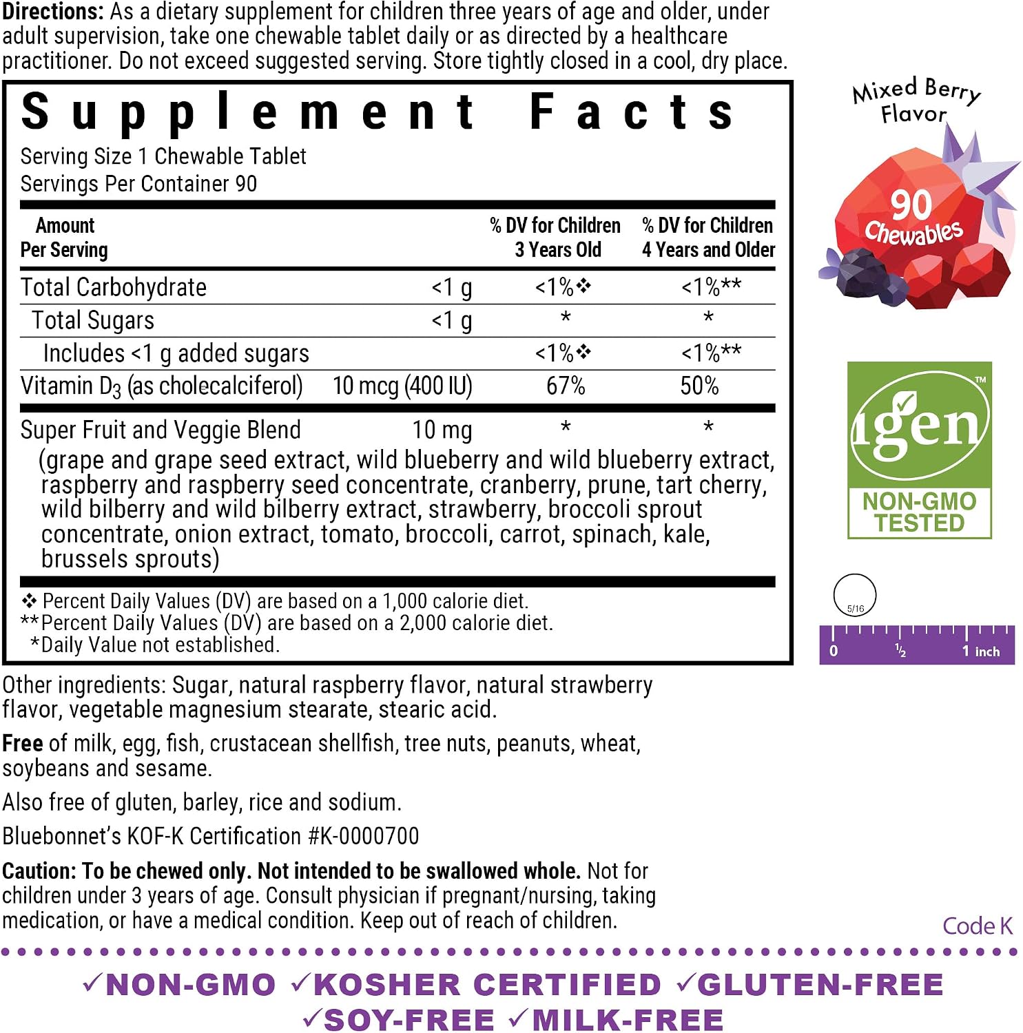 Bluebonnet Nutrition Rainforest Animalz Vitamina D3 400 UI Comprimidos Masticables, Sabor Bayas Mixtas, 90 Unidades
