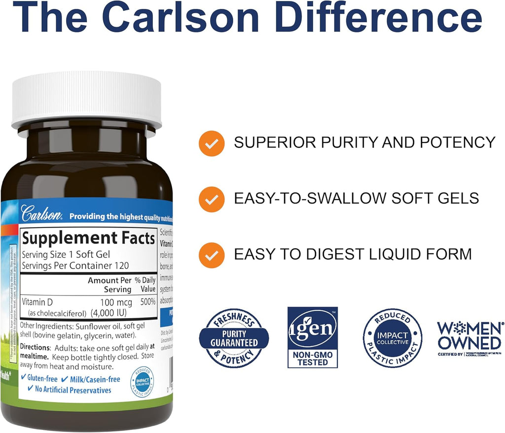 Carlson Labs Vitamina D 4000 UI Suplemento Dietético en Cápsulas Blandas, 120 Cápsulas