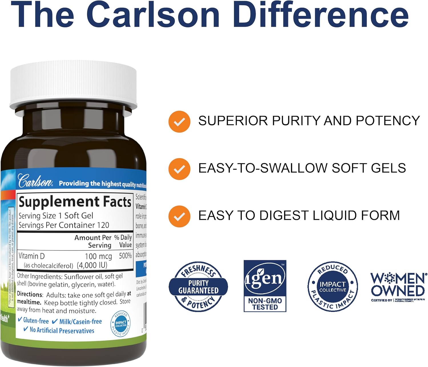 Carlson Labs Vitamina D 4000 UI Suplemento Dietético en Cápsulas Blandas, 120 Cápsulas