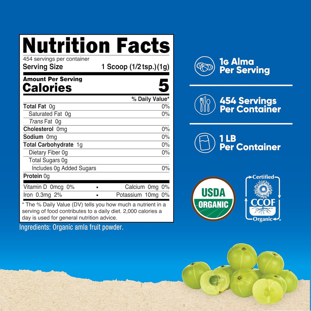 Polvo de Amla Orgánico Nutricost 1 Libra (Sin Sabor) - 1 gramo por ración, Vegano, Sin OGM