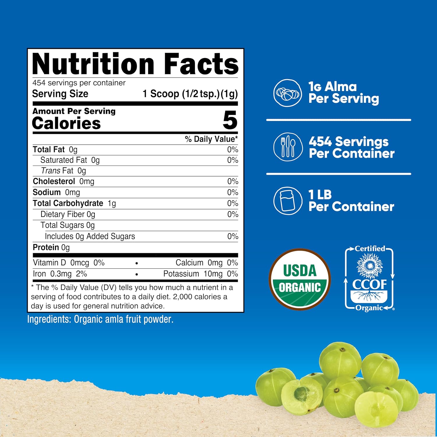 Polvo de Amla Orgánico Nutricost 1 Libra (Sin Sabor) - 1 gramo por ración, Vegano, Sin OGM