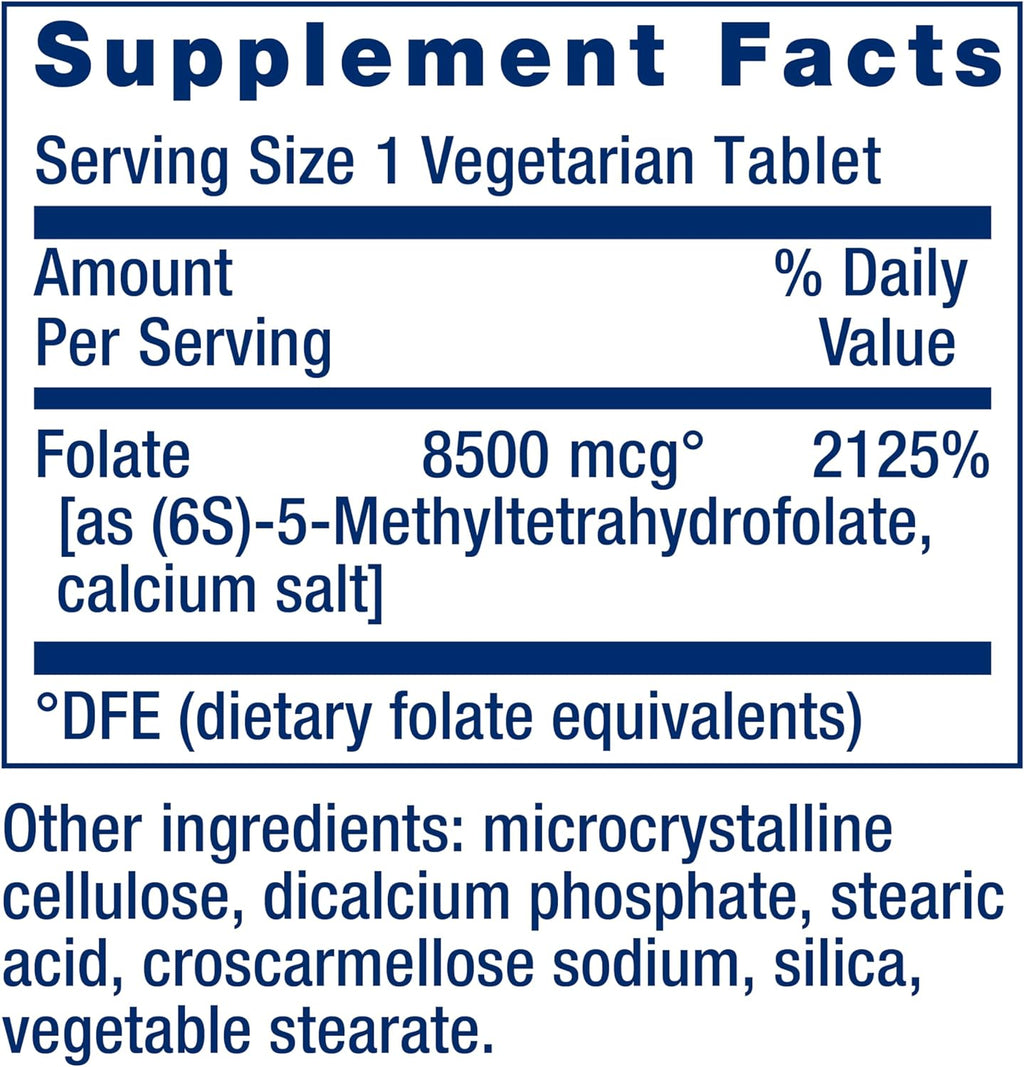 Life Extension Folato Optimizado de Alta Potencia – L-metilfolato – 8500 mcg DFE – Sin Gluten, No-GMO, Vegetariano – 30 Comprimidos