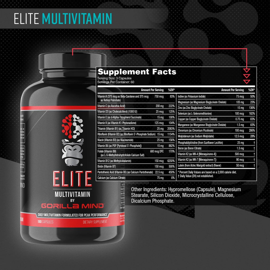 Gorilla Mind Elite Multi-Vitamin (180 Cápsulas) – Multivitamínico Diario con 27 Nutrientes para un Rendimiento Óptimo