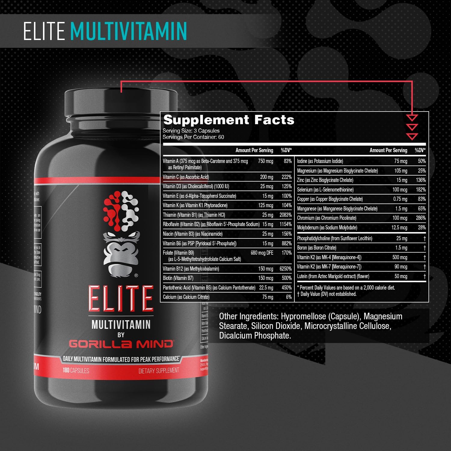 Gorilla Mind Elite Multi-Vitamin (180 Cápsulas) – Multivitamínico Diario con 27 Nutrientes para un Rendimiento Óptimo