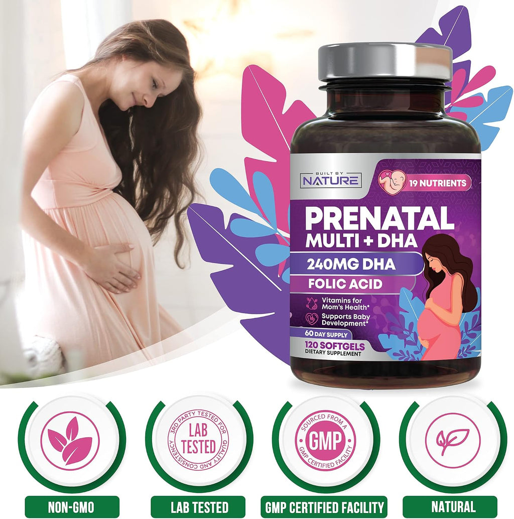 Built by Nature Vitaminas Prenatales para Mujeres - 120 Softgels con DHA y Omega-3, Ácido Fólico, Vitamina C, B12 y Hierro