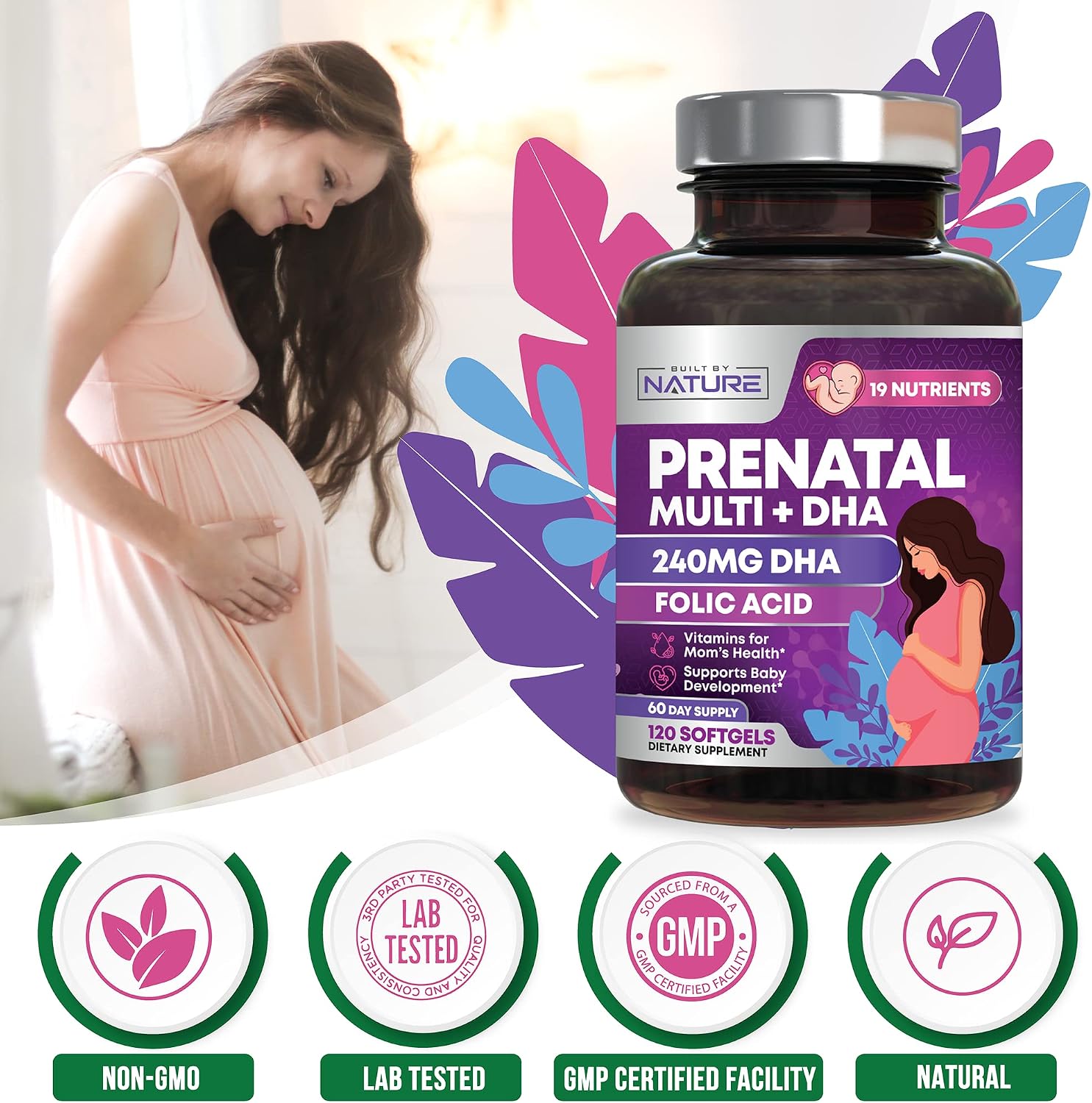 Built by Nature Vitaminas Prenatales para Mujeres - 120 Softgels con DHA y Omega-3, Ácido Fólico, Vitamina C, B12 y Hierro