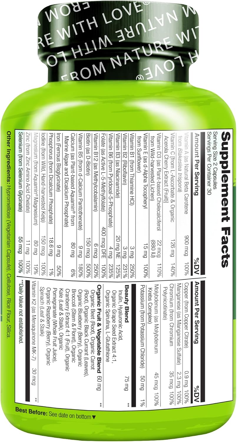 NATURELO Multivitamínico Integral con Apoyo Extra para Cabello, Piel y Uñas - Mezcla de Belleza con Ácido Hialurónico y Semilla de Uva - Biotina de Alta Potencia, Vitamina C y Glutatión - 60 Cápsulas Veganas