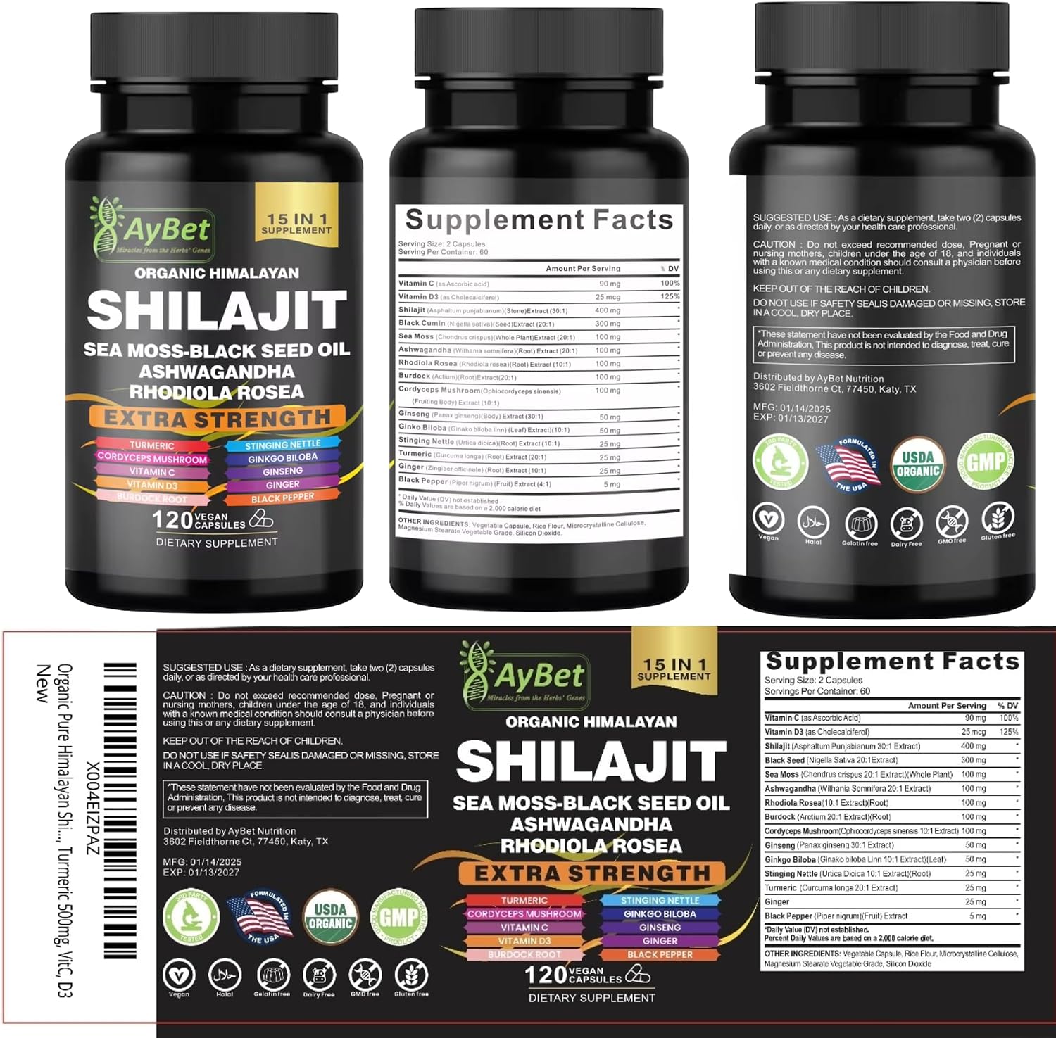 AyBet Shilajit Orgánico Himalayo - 15 Ingredientes - 120 Cápsulas