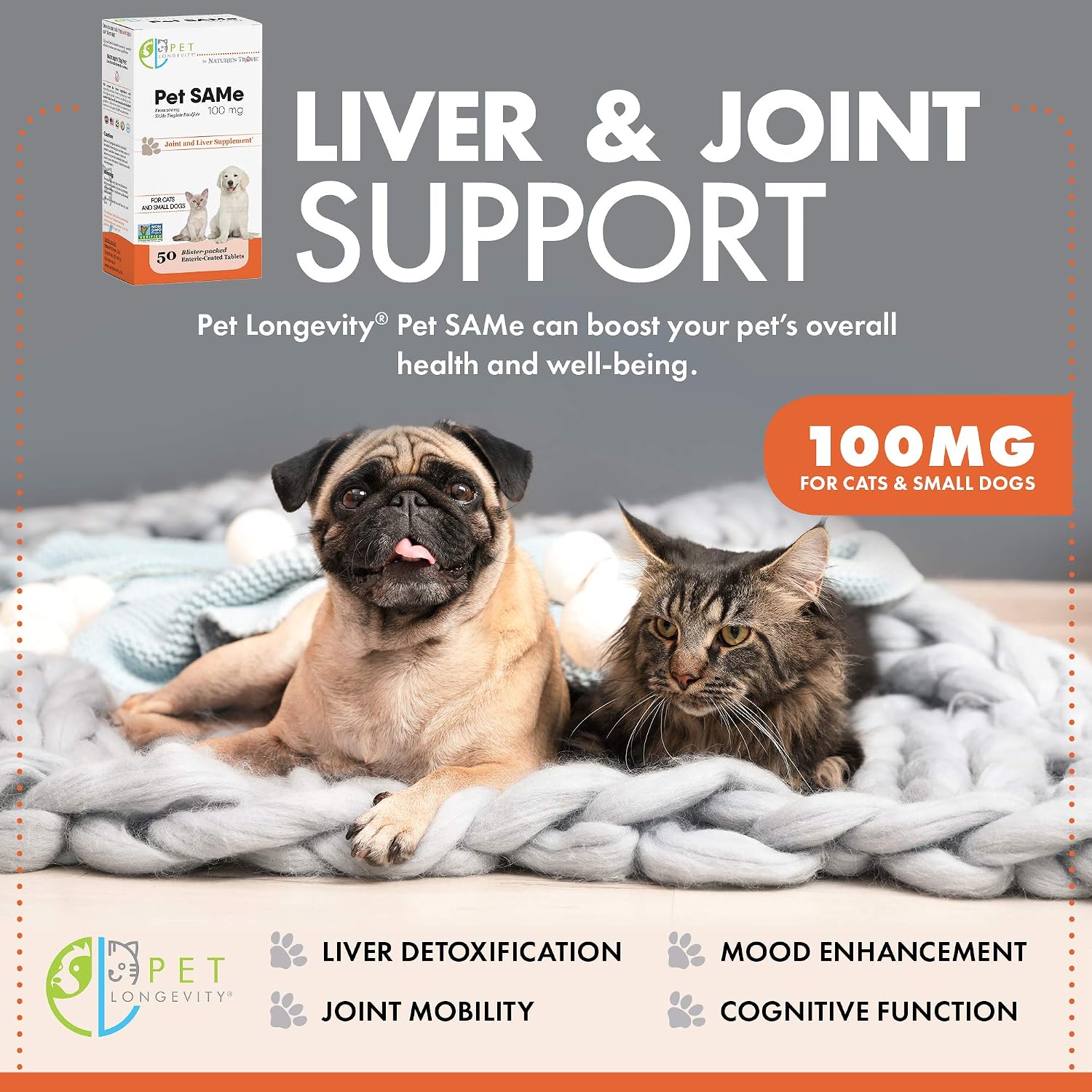 Pet Longevity Same 100 mg – Suplemento Hepático y Articular para Gatos y Perros Pequeños – 50 Comprimidos con Recubrimiento Entérico – No OGM, Sin Gluten