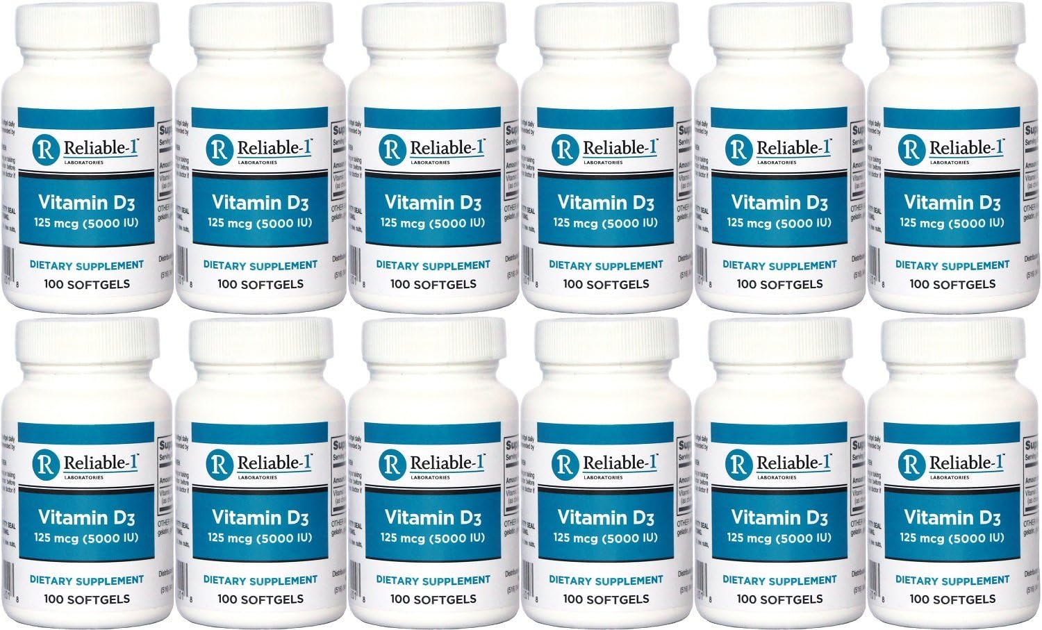 Reliable-1 Laboratories Vitamin D3 5000 UI 100 Cápsulas Blandas Pack de 12