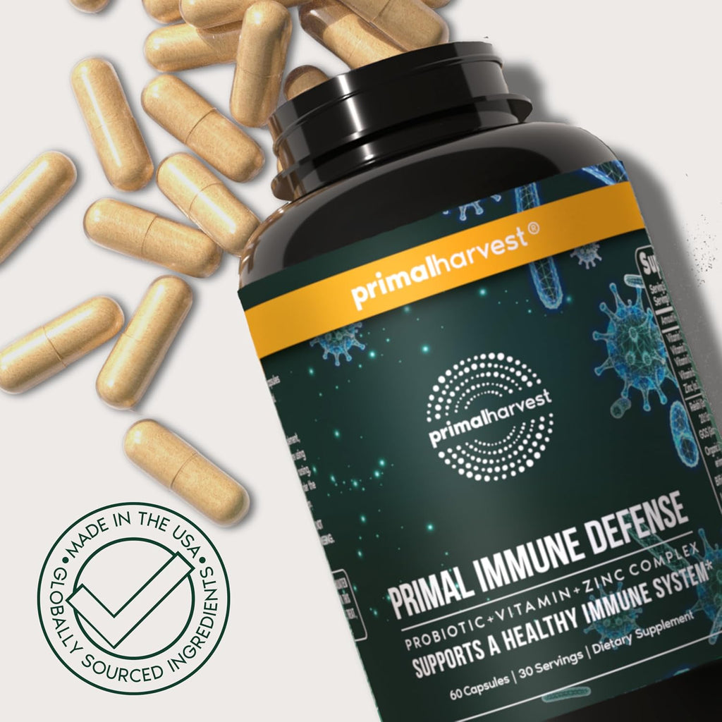 Primal Harvest Primal Immune Defense: 10-en-1 Apoyo Inmunitario con Probióticos, Zinc, Vitaminas C, B6, D3 y K2 - 60 Cápsulas (Pack de 2)