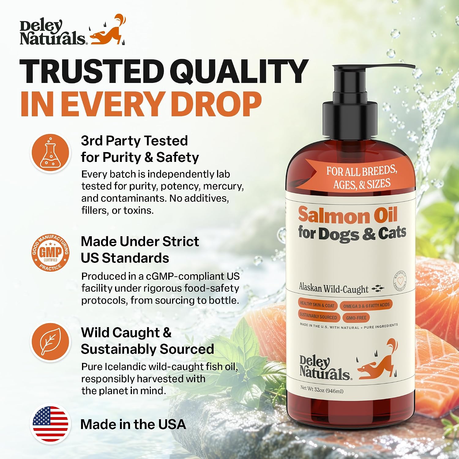 Deley Naturals Aceite de Salmón Salvaje de Alaska para Perros y Gatos - Omega 3, DHA y EPA - 946 ml