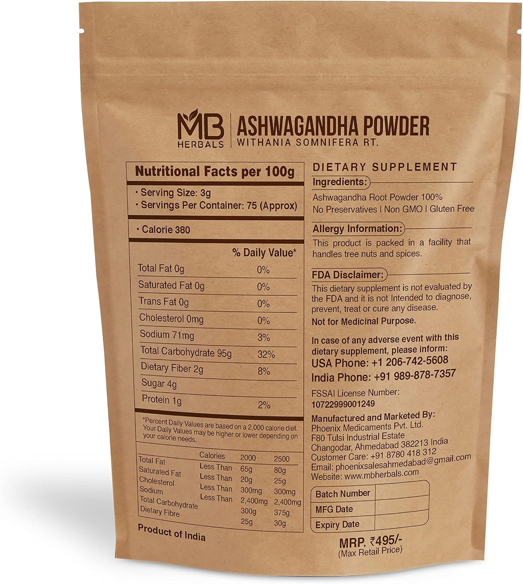 MB Herbals Ashwagandha en polvo 227g (8oz) - Raíz de Withania somnifera