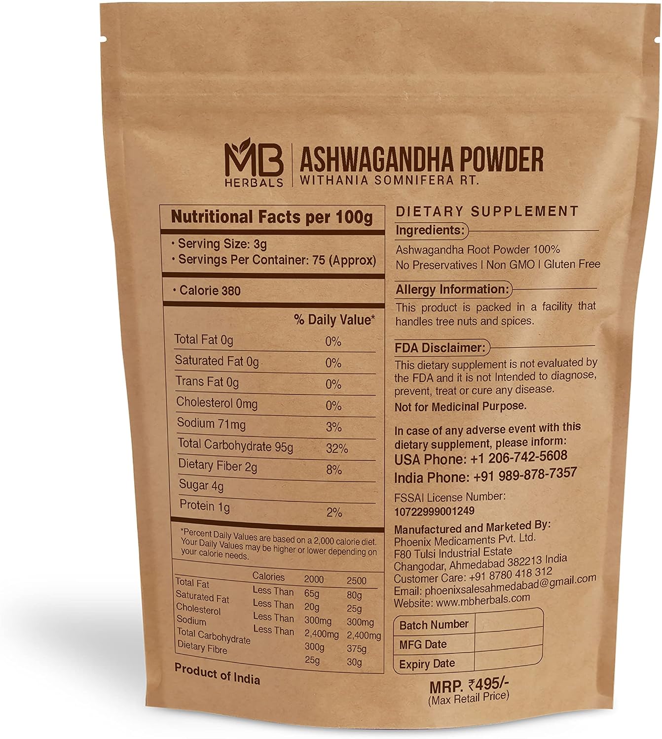 MB Herbals Ashwagandha en polvo 227g (8oz) - Raíz de Withania somnifera