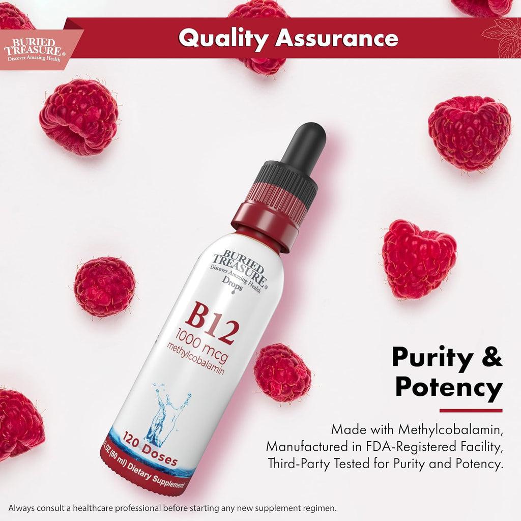 Buried Treasure Gotas de Vitamina B12 - 1000mcg Metilcobalamina por Dosis, 120 Dosis - Sublingual, Vegano, Sin Alcohol, Sabor Frambuesa, 60 ml