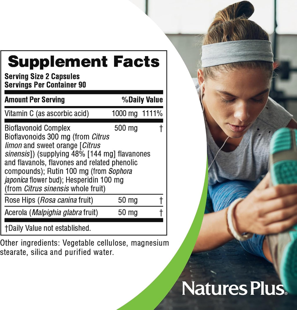 NaturesPlus Super C Complex - 180 Capsules - 1000 mg Vitamin C + 500 mg Bioflavonoids - Vegan, Gluten-Free