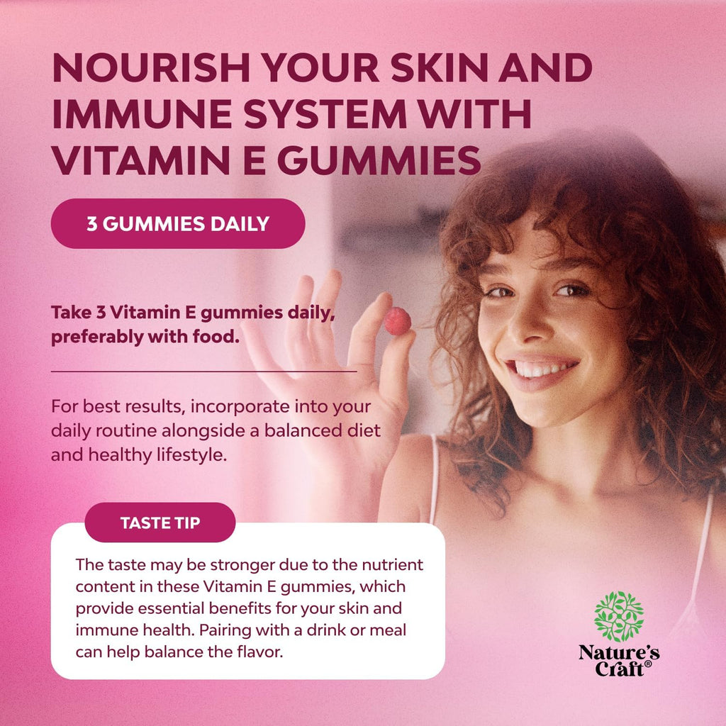 Natures Craft Gominolas de Vitamina E 400 UI - Suplemento para el Cuidado de la Piel, Apoyo Inmune y Protección Celular - 90 Gominolas