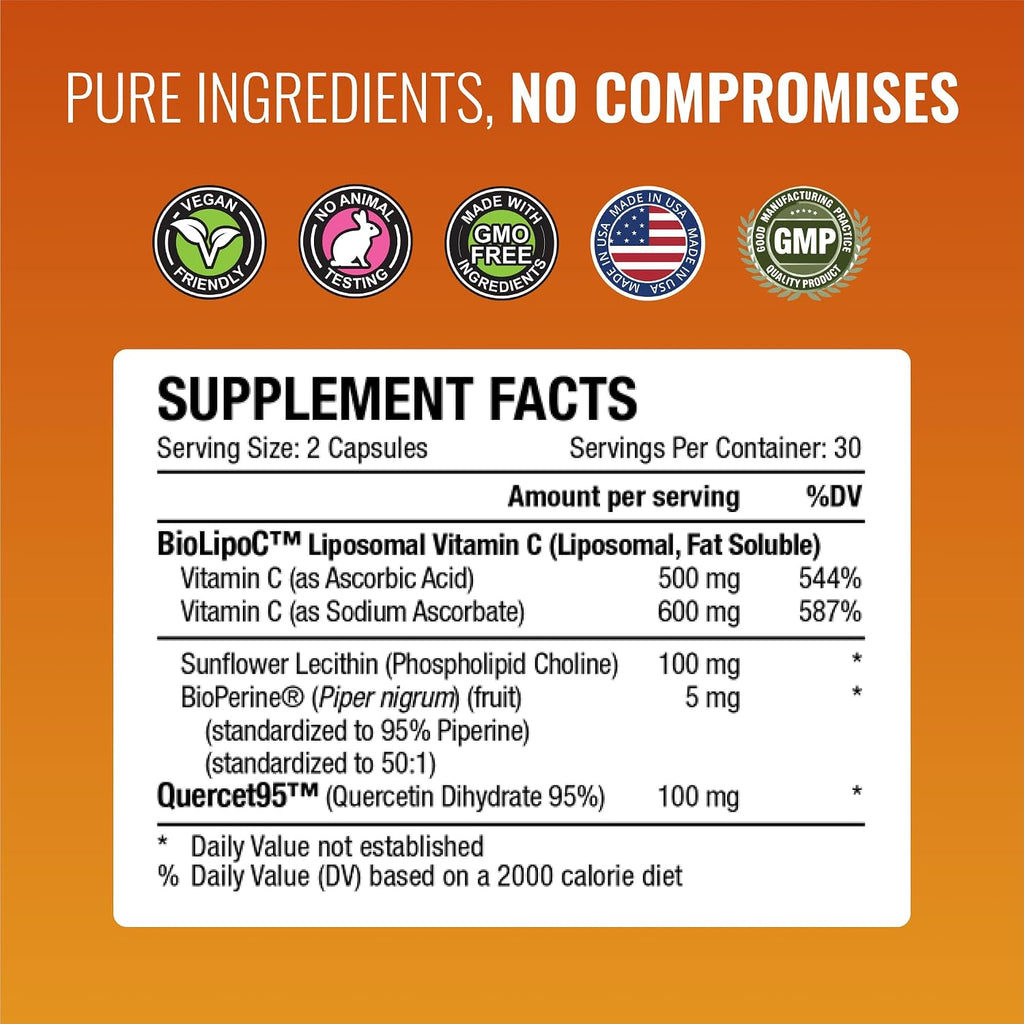 Approved Science Vitamina C Liposomal con Quercetina - 1100 mg - 60 Cápsulas