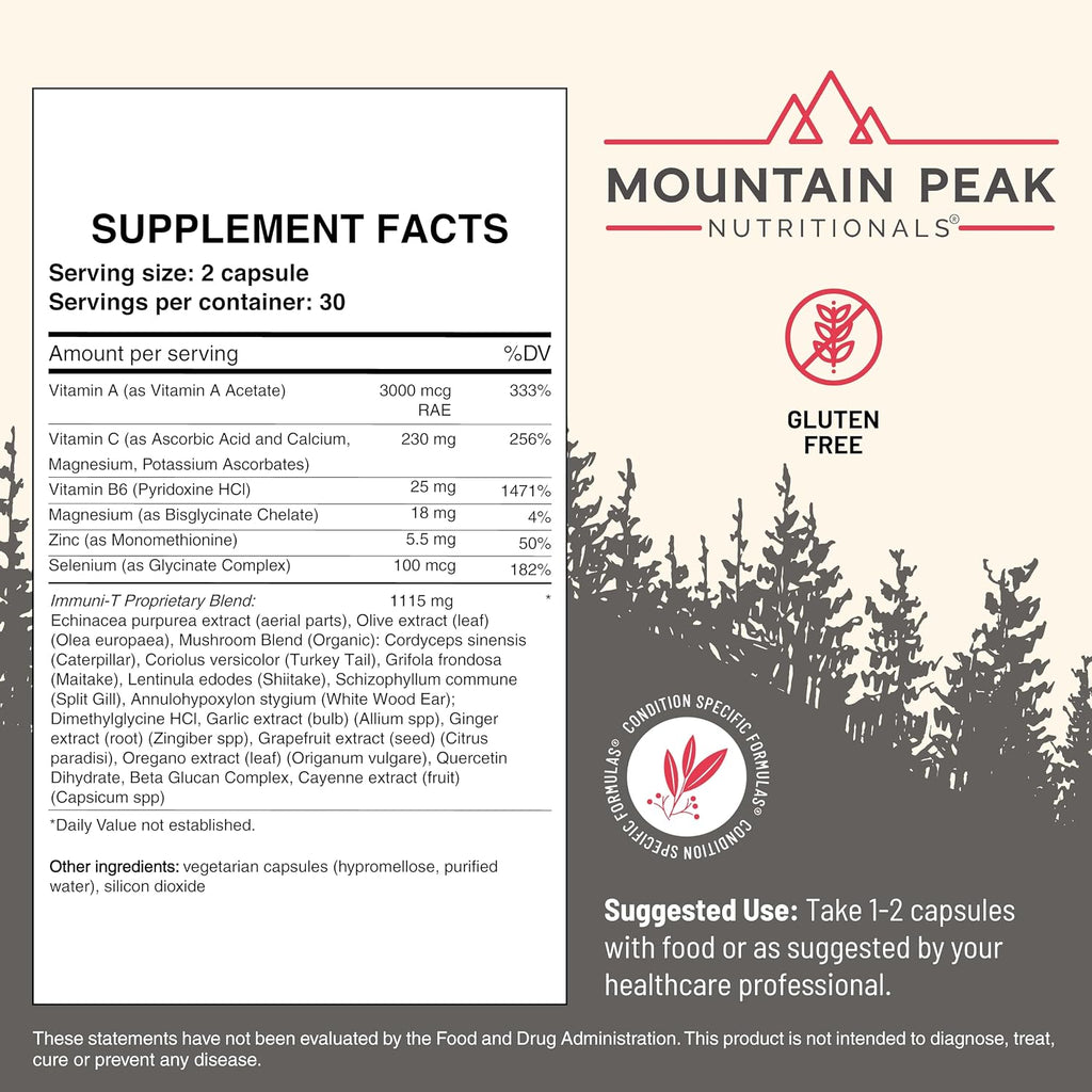 Immuni-T Advanced Immune Support - Suplemento para el Sistema Inmunitario con Vitamina C, A, Zinc y Mezcla de Hongos - 60 Cápsulas Vegetales