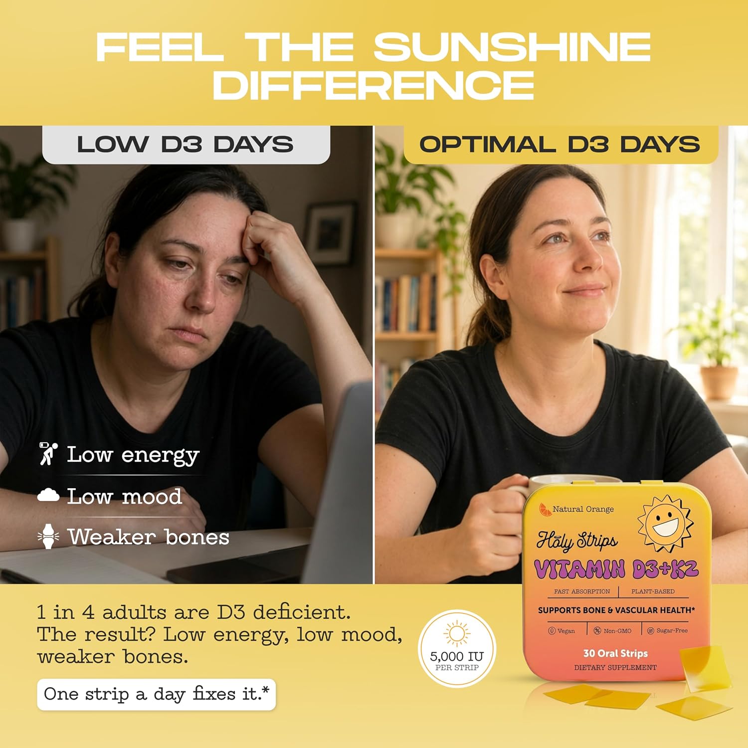 Vitamin D3 K2 Supplement 5000 IU - Tiras Orales de Rápida Absorción para Huesos y Corazón - Fórmula Vegana - No GMO - Sin Azúcar (30 Tiras)
