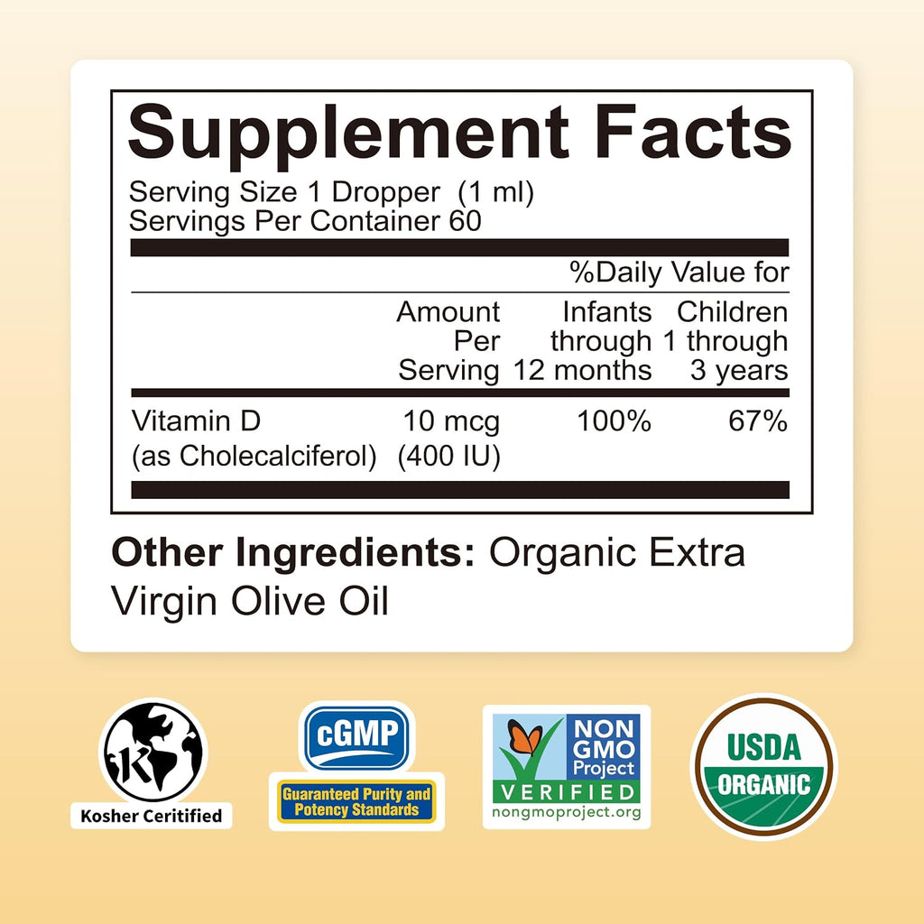 Nature's Nutra Sunshine Vitamina D3 400IU, Gotas Líquidas para Bebés y Niños, 60 ml