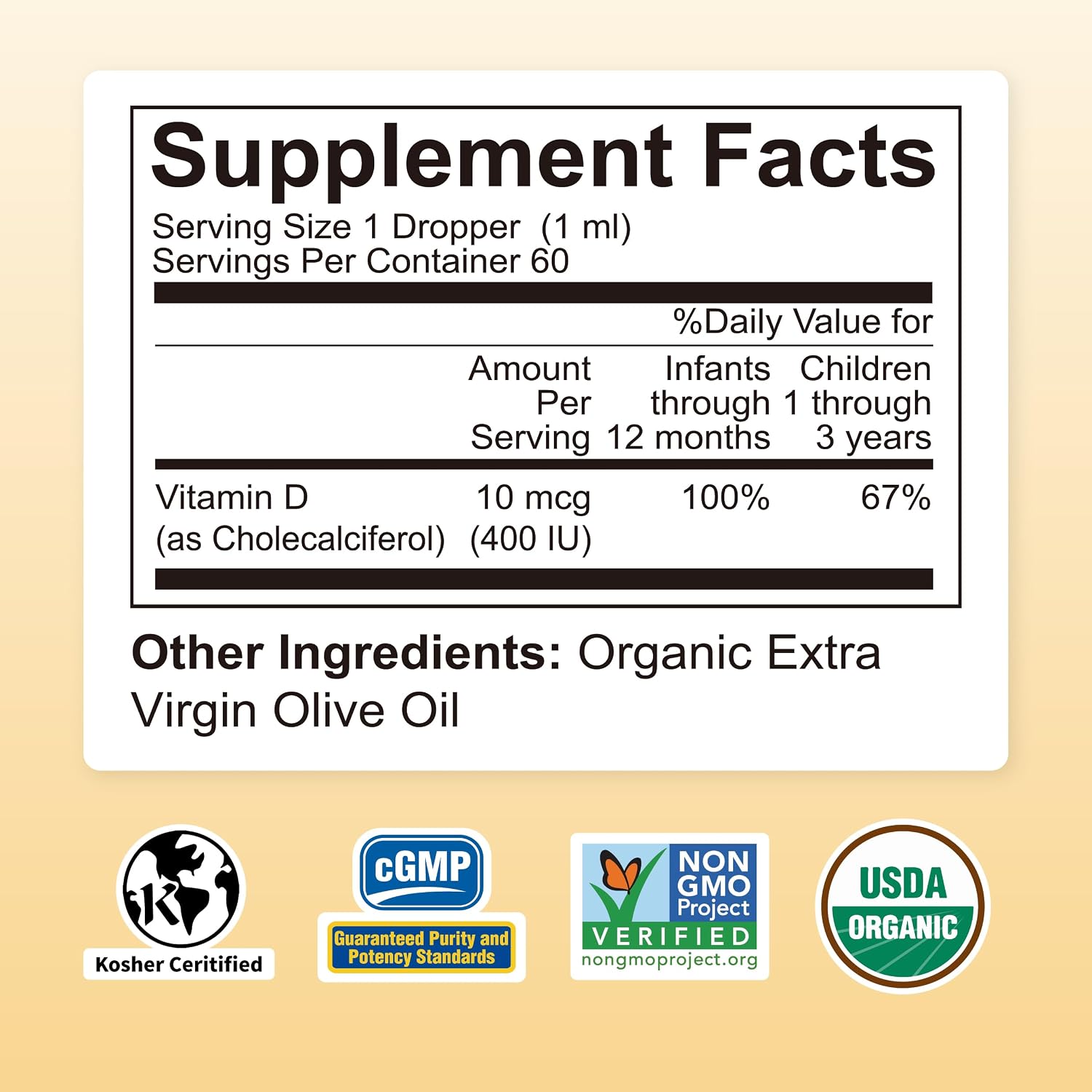 Nature's Nutra Sunshine Vitamina D3 400IU, Gotas Líquidas para Bebés y Niños, 60 ml