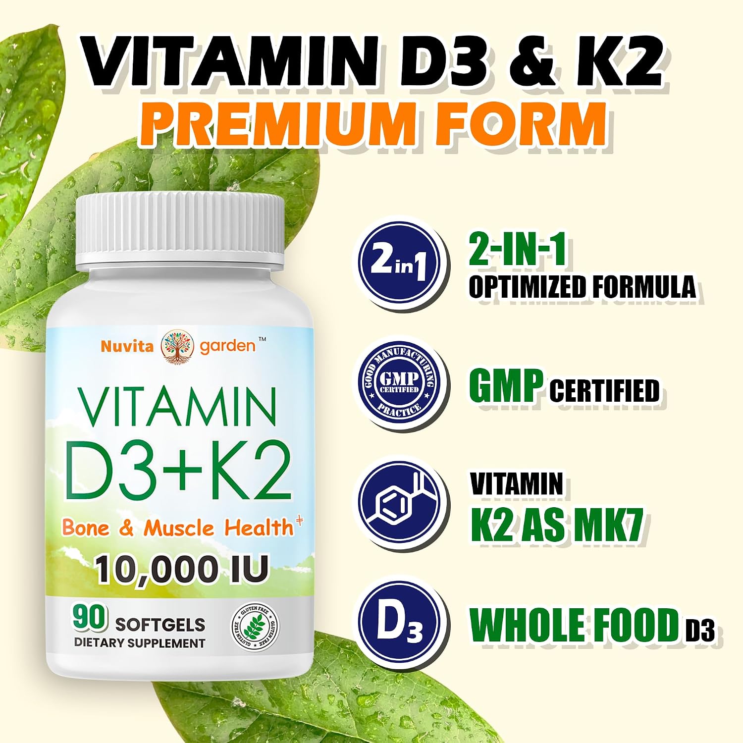 NoMiLu Vitamina D3 y K2 (10000 UI + 200 mcg) - 90 Cápsulas Blandas - 3 Meses de Suministro