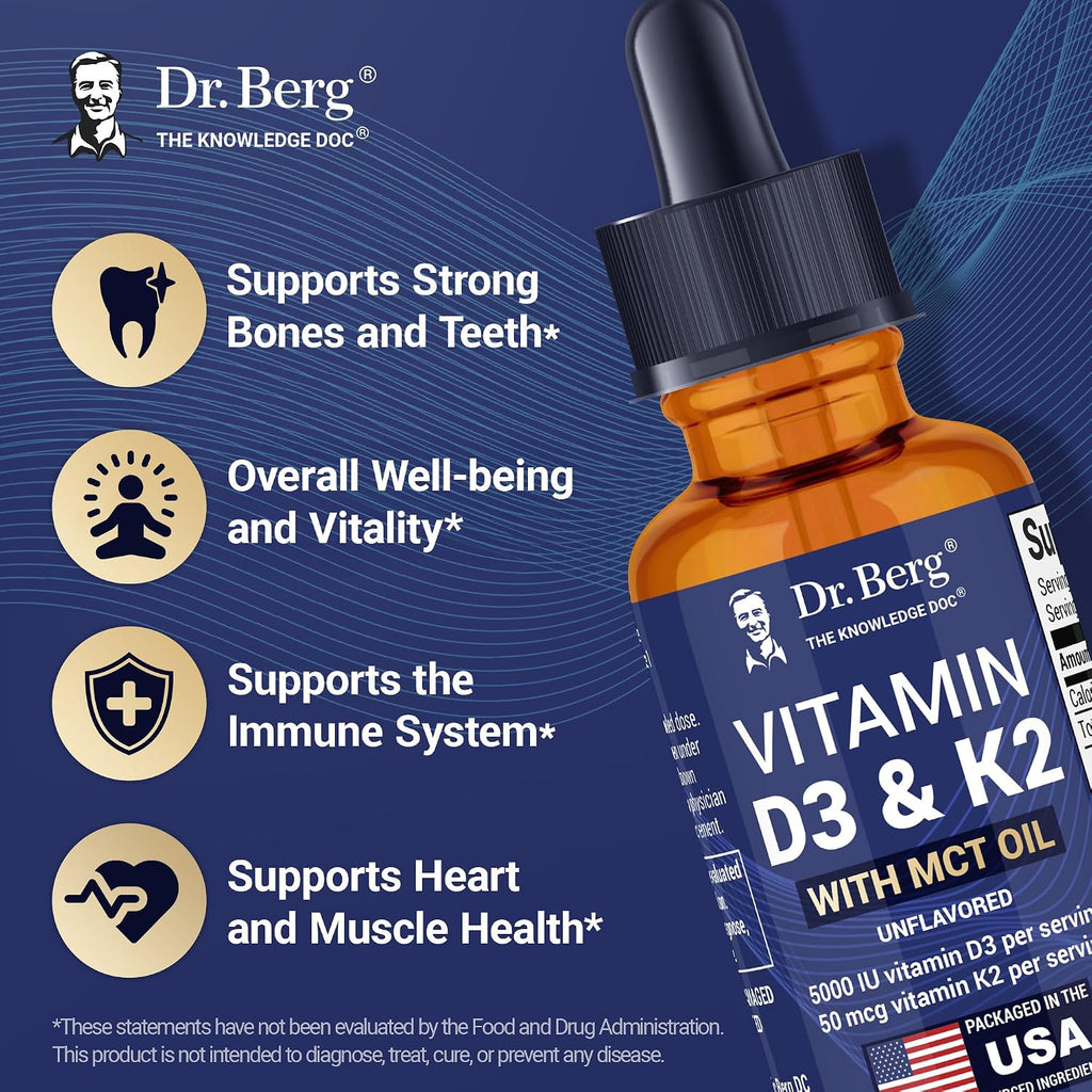 Dr. Berg Maximum Strength Vitamina D3 K2 Líquido con MCT Oil – 5000 UI de Vitamina D3 con K2 – Sin Sabor 30 ml