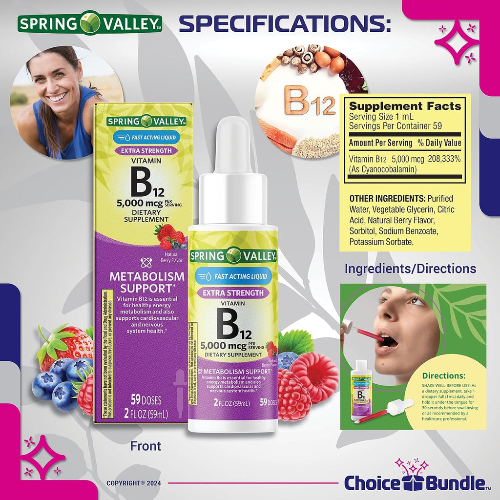 Pack de 4 Botellas de Vitamina B12 Líquida 5000 mcg con Guía y Pastillero