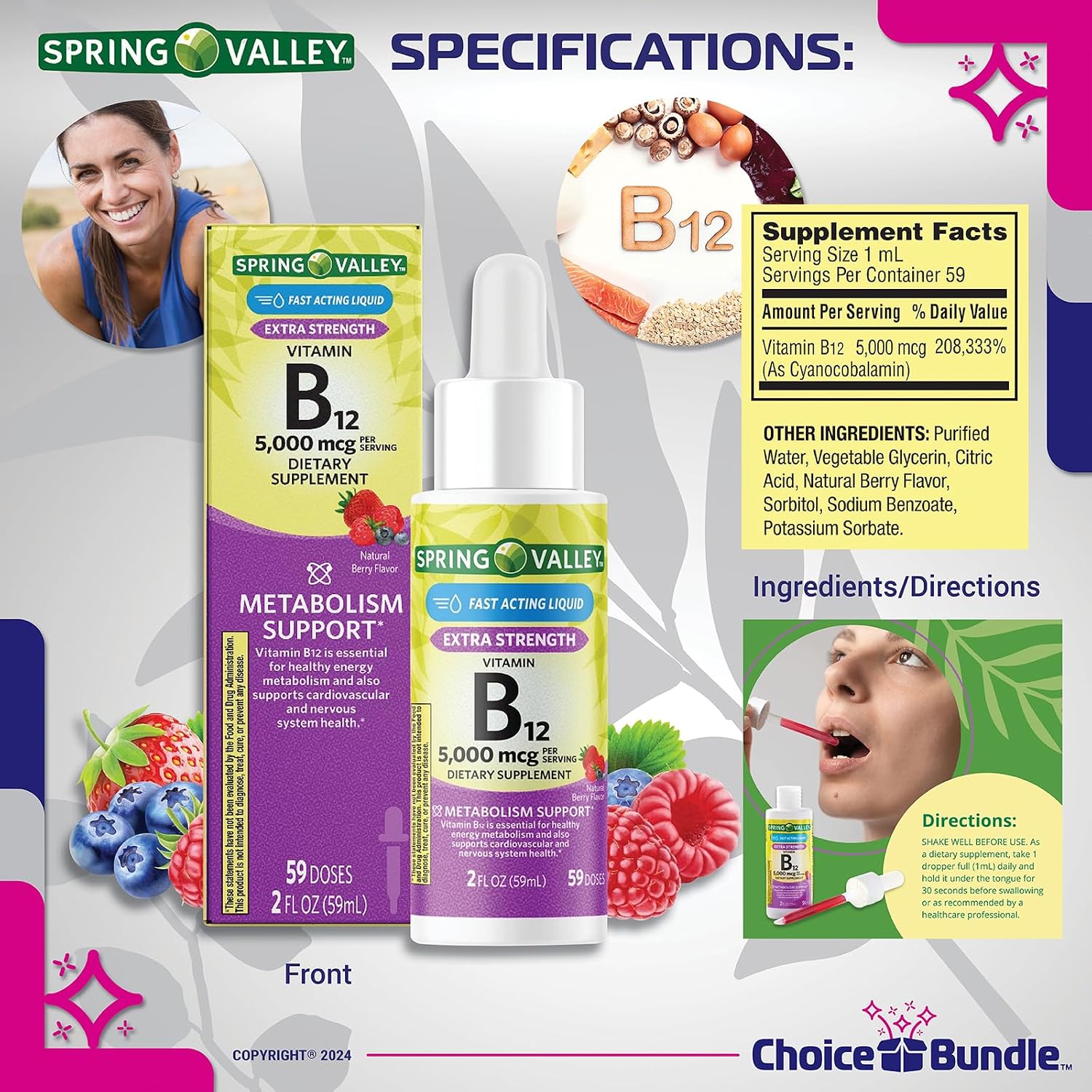 Pack de 4 Botellas de Vitamina B12 Líquida 5000 mcg con Guía y Pastillero