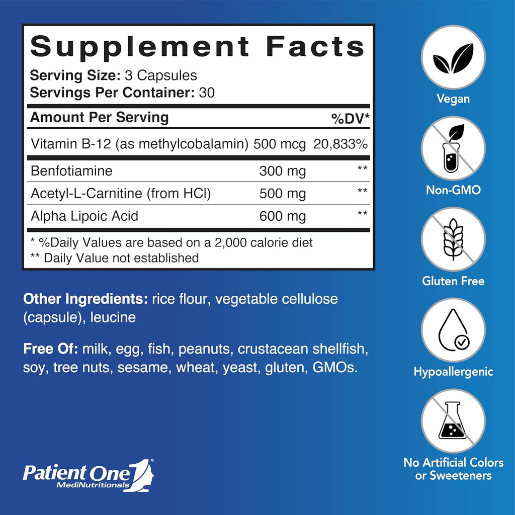Patient One NerveCare - Suplemento para la salud nerviosa y vascular con Ácido Alfa Lipoico, Vitamina B12, ALC y Benfotiamina - 90 Cápsulas