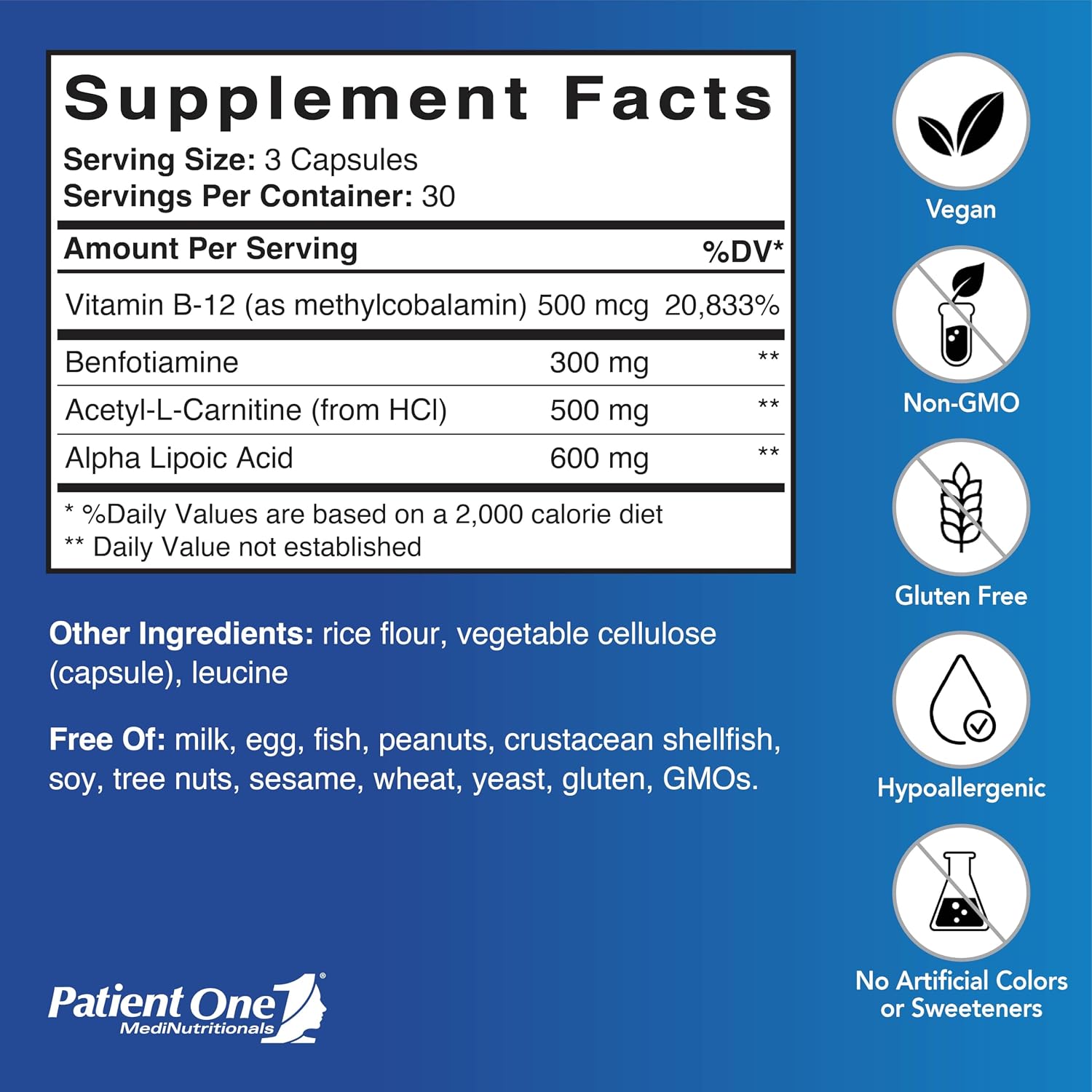 Patient One NerveCare - Suplemento para la salud nerviosa y vascular con Ácido Alfa Lipoico, Vitamina B12, ALC y Benfotiamina - 90 Cápsulas