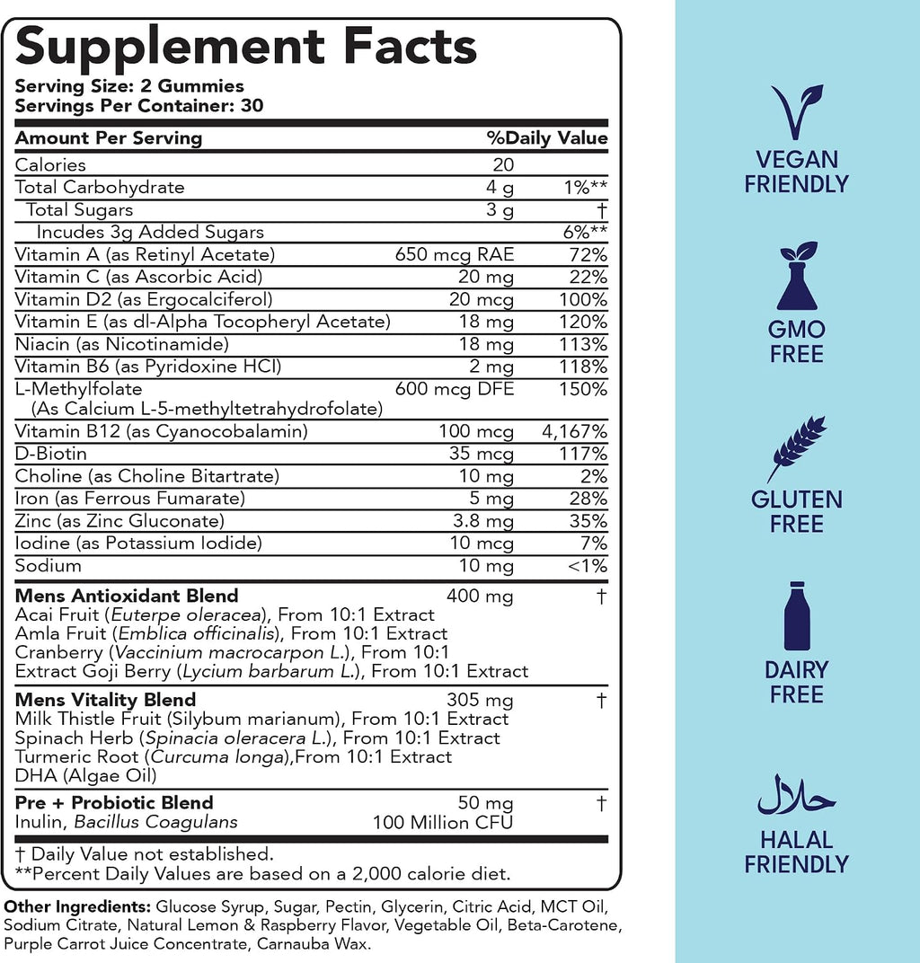 Sakoon nutrition Gominolas Multivitamínicas para Hombre con Probióticos y Prebióticos, 60 unidades