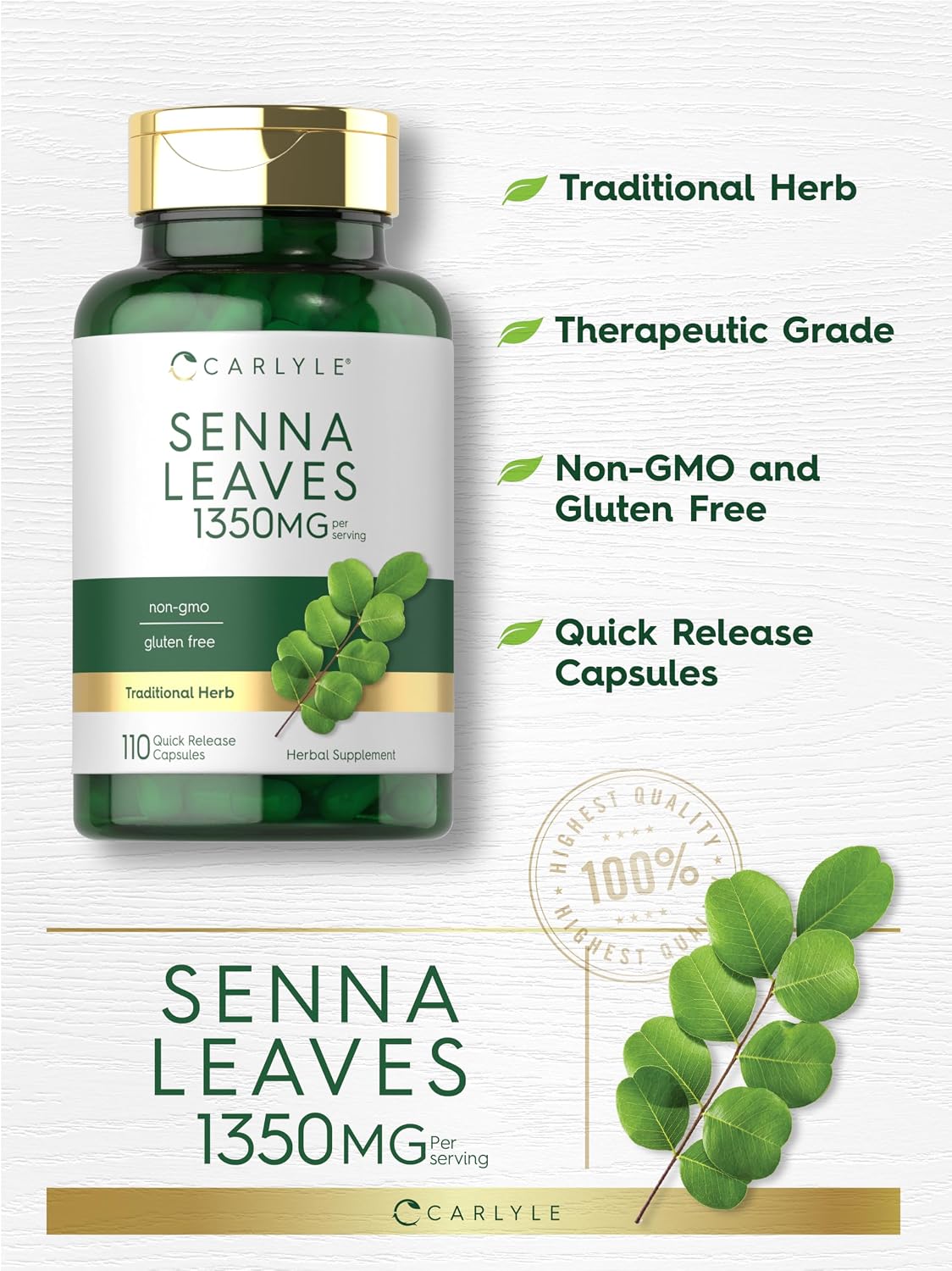 Carlyle Senna Leaves Supplement | 1350mg | 110 Capsules | Herbal Extract Formula | Non-GMO & Gluten Free